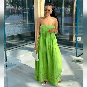 Zara Openwork Eyelet Embroidered Green Dress Flowy size M